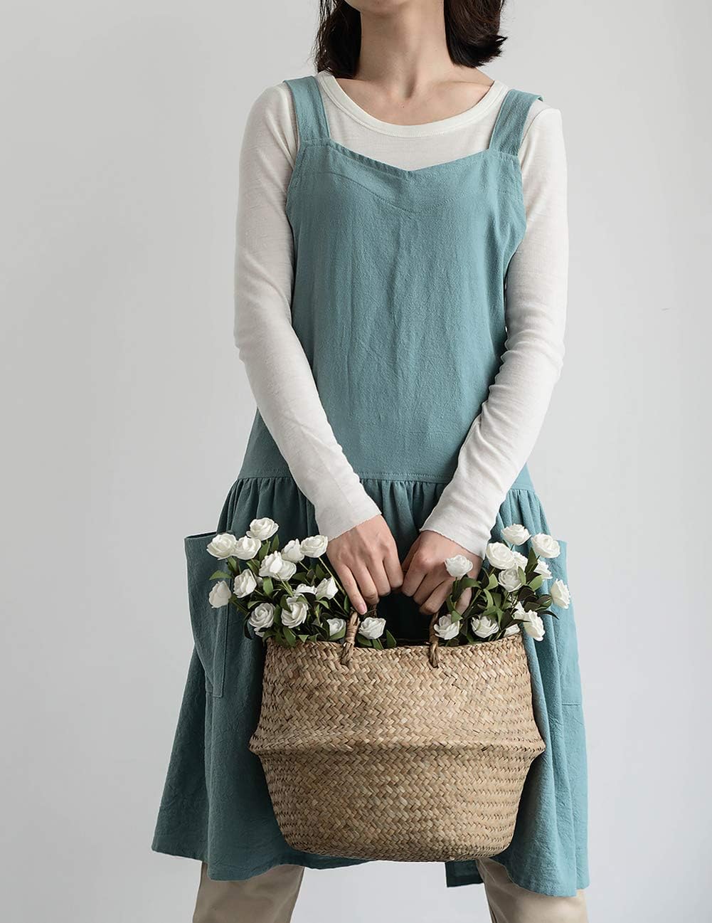 Cotton Linen Cross-Back Apron with Pockets - Image 2